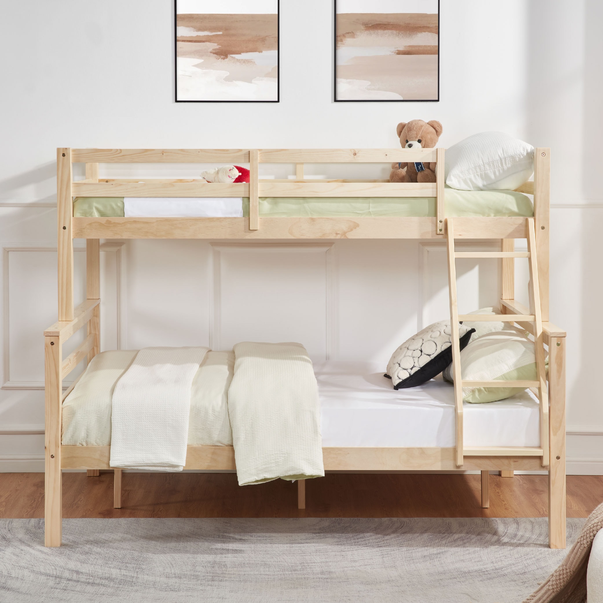 Twin over Full Bunk Bed with Thick Posts,Wooden Bunk Bed with High Guardrail and Ladder for Kids, Teens, Dorm Rooms, and Guest Rooms,No Box Spring Needed,Natural Twin over Full Bunk Bed with Thick Posts,Wooden Bunk Bed with High Guardrail and Ladder for Kids, Teens, Dorm Rooms, and Guest Rooms,No Box Spring Needed,Natural